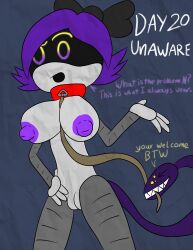 altered_common_sense breasts collar glowing_eyes hypnovember leash murder_drones nude purple_hair pussy robot robot_girl simple_background tail tcross text unaware uzi_doorman