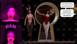 3d before_and_after black_hair blue_eyes bunny_ears bunny_girl bunnysuit cuffs femsub green_eyes high_heels hypnotic_light leggings lipstick long_hair multiple_girls multiple_subs purple_hair thighhighs