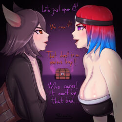 animal_ears aware black_hair blue_hair clothed corset dialogue english_text female_only headband kercy_(kerc) maggie_(kilprel) multicolored_hair multiple_girls orange_eyes original pink_eyes red_hair shieol1 text