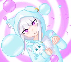  animated animated_gif bangs blush bubble cat_ears cat_pose cozification drool emilia_(re:zero) fabius femsub happy_trance hood hoodie hug long_hair open_mouth pet_play pixel_art puck_(re:zero) purple_eyes re:zero_starting_life_in_another_world simple_background solo spiral spiral_background straight-cut_bangs stuffed_animal white_hair 