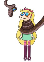 blonde_hair boots coils disney femsub happy_trance hypnotic_eyes kaa kaa_eyes knee-high_boots long_hair maledom sebald-of-crete simple_background smile snake star_butterfly star_vs_the_forces_of_evil the_jungle_book western white_background