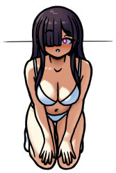 black_hair breasts character_request cleavage female_only femsub hair_covering_one_eye httpwwwcom kneeling long_hair pink_eyes solo white_background