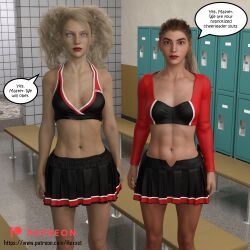  3d abs bare_shoulders blonde_hair brown_hair cheerleader cleavage collarbone expressionless female_only femsub gina_emmerik hexxet large_breasts long_hair milf pov_dom skirt stephany_stevens text the_gift white_eyes whitewash_eyes 