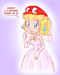 blonde_hair blue_eyes breasts bridal_gauntlets bridal_veil cappy choker dress earrings femsub glockens gloves jewelry large_breasts long_hair looking_at_viewer necklace nintendo opera_gloves possession princess princess_peach simple_background super_mario_bros. super_mario_odyssey text wedding_dress