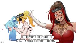 abscord androgynous_dom aqua_(konosuba) blonde_hair blue_hair blush brown_hair cleavage closed_eyes clothed darkness_(konosuba) demon dialogue dress drool english_text femsub gloves goddess heart hypnotic_mask hypnotized_dom kono_subarashii_sekai_ni_shukufuku_wo! large_breasts leaning_forward living_costume looking_at_viewer mask meme mind_break multicoglovlored_hair open_mouth opera_gloves ponytail possession red_hair sex simple_background standing strap-on sub_on_sub sweat sylvia_(konosuba) symbol text vanir_(konosuba) very_long_hair white_background yuri