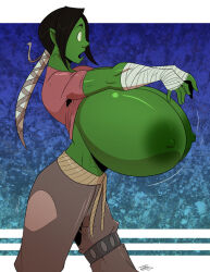  black_hair breasts dungeons_and_dragons erect_nipples expressionless femsub green_skin huge_breasts hyper_breasts kaa_eyes lakehylia long_hair open_mouth orc_girl original zombie_walk 
