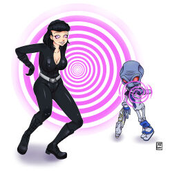 alien belt black_hair blue_skin bodysuit boots chicken_pose cleavage collarbone cryptosporidium destroy_all_humans femsub glowing_eyes gun happy_trance heavy_eyelids light_skin long_hair maledom nude pink_eyes red_eyes ring_background signature silhouette_(destroy_all_humans) simple_background spiral spiral_eyes sweetlittleneko telepathy weapon white_background