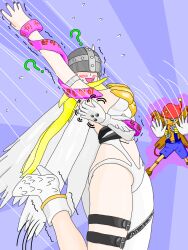 angewomon aoba_shochodo arms_above_head aura bandai_namco blonde_hair blush body_control breasts confused digimon hat helmet high_heels human_puppet large_breasts laughing long_hair nail_polish open_mouth puppetmon shoes sweat tagme thighs tickling wings