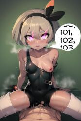  ai_art bea_(pokemon) blush bow breasts brittle_(generator) coin cowgirl_position dark_skin exercise expressionless femsub glowing_eyes hairband knee_pads leotard maledom nintendo nipples open_mouth pendulum pokemon pokemon_sword_and_shield pov pussy pussy_juice short_hair steam sweat text tomboy 