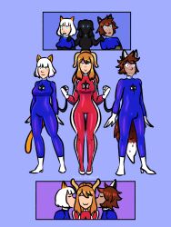  animal_ears assimilation before_and_after bodysuit breasts brown_hair bulge cat_girl collar comic dog_girl femdom femsub fox_boy glowing_eyes high_heels hypnotic_accessory inkyfluffsdraws kissing leash looking_at_viewer malesub orange_hair ponytail short_hair simple_background standing_at_attention symbol tail white_hair 