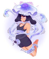  arms_behind_back barefoot black_hair bunny_boy bunny_ears drool erect_nipples_under_clothes erection feet floating jellyfish levitation male_only malesub mochkatt original pink_eyes restrained short_hair shorts simple_background spiral_eyes tan_skin tank_top tentacles white_background woot_(woot) 