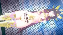  3d arms_behind_back body_writing choker closed_eyes columbina_(genshin_impact) female_only femsub genshin_impact happy_trance kaints multicolored_hair outdoors purple_hair smile solo star_pasties starmanko thighhighs very_long_hair 
