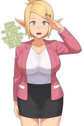 ai_art blonde_hair breasts corporatification dronification drool elf elf_ears empty_eyes evangelyne expressionless female_only femsub green_eyes hair_ornament looking_at_viewer manip minimimic_(generator) minimimic_(manipper) office_lady open_mouth ponytail saluting short_hair simple_background skirt stable_diffusion_(ai) text wakfu white_background