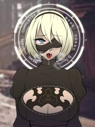 blindfold drool femsub hacking nier_automata open_mouth porniky spiral_eyes symbol_in_eyes tech_control text tongue tongue_out yorha_no._2_type_b
