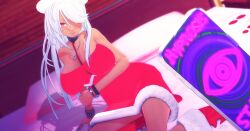 3d angry bangs bare_shoulders bed cell_phone christmas collar cuffs custom_maid_3d_2 dress female_only femsub hair_covering_one_eye hat large_breasts long_hair looking_at_viewer original phone pov pov_dom red_eyes rieserotte tech_control white_hair
