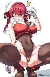  blush bodysuit breasts cleavage confused empty_eyes hair_ornament heterochromia hololive large_breasts leotard long_hair marine_houshou midriff navel niwatorigun open_mouth red_eyes red_hair squatting sweat trance_break twintails v virtual_youtuber yellow_eyes 