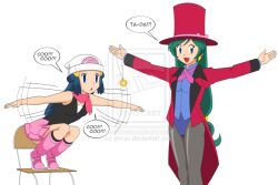  blue_hair breasts coin dawn dialogue empty_eyes female_only femdom femsub francesca_(pokemon) green_hair hat jimryu large_breasts nintendo pendulum pet_play pokemon pokemon_(anime) pokemon_diamond_pearl_and_platinum stage_hypnosis text transparent_background watermark 