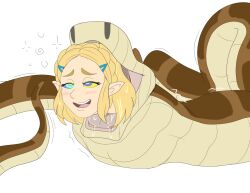 blonde_hair blush breasts breath_of_the_wild coils disney elf elf_ears femsub happy_trance kaa kaa_eyes large_breasts nintendo open_mouth plsgts princess princess_zelda short_hair simple_background smile snake the_jungle_book the_legend_of_zelda vore white_background