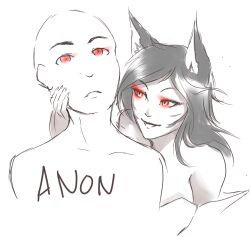 ahri_(league_of_legends) animal_ears anonymous_(character) artist_request charm_(spell) expressionless femdom fox_girl glowing glowing_eyes league_of_legends long_hair malesub sketch smile text