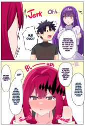  4uu baobhan_sith_(fate) blush circlet clothed comic elf_ears english_text failed_hypnosis fate/grand_order fate_(series) femsub jewelry large_breasts long_hair love maledom multiple_girls purple_hair red_eyes red_hair right_to_left ritsuka_fujimaru simple_background skadi speech_bubble sweat sweater tears text wholesome 