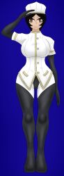  alicia_(aliciapendragon) black_hair blue_background bodysuit brown_eyes color drone empty_eyes enemy_conversion female_only femsub jamir447744 large_breasts latex original saluting short_hair simple_background solo spiral_eyes standing_at_attention uniform white_skin 