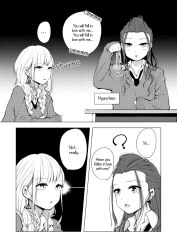 black_background border coin comic cyan_steam dialogue english_text eyebrows_visible_through_hair failed_hypnosis female_only femdom femsub gradient_background greyscale hard_translated long_hair monochrome multiple_girls mumei_scanlation original pendulum sezaki_umi simple_background speech_bubble text translated twin_braids white_background wholesome yuri