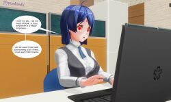 3d aoi_(hypnolordx) blue_hair custom_maid_3d_2 dialogue empty_eyes female_only femsub forced_employee glowing glowing_eyes hypnolordx open_mouth original short_hair tech_control text
