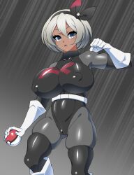  bea_(pokemon) belt boots breasts cameltoe clothed dark_skin dead_source empty_eyes enemy_conversion erect_nipples_under_clothes female_only femsub gloves hair_band huge_breasts latex leotard nintendo pokeball pokemon pokemon_sword_and_shield short_hair simple_background solo team_rocket thighhighs tight_clothing xenoxeno 