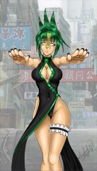 breasts china_dress cleavage cleavage_cutout empty_eyes expressionless female_only femsub garter green_hair hypnotic_accessory jun_tao large_breasts panties shaman_king sigfried028 talisman underwear whitewash_eyes zombie_walk