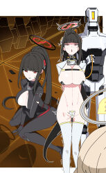  absurdres atrotecha before_and_after black_hair blue_archive bodysuit border breasts cleavage clothed_exposure corruption decagrammaton enemy_conversion femsub halo large_breasts leash midriff navel open_mouth pasties red_eyes rio_(blue_archive) thigh_boots thighs tongue tongue_out 