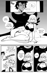 bed bra breasts cleavage clinickcase collarbone comic corruption dialogue english_text eyebrows_visible_through_hair fate/grand_order fate_(series) femdom glasses goddess greyscale humor jacques_de_molay_(foreigner) malesub midriff monochrome nail_polish navel panties presenting ritsuka_fujimaru_(male) seductive_smile short_hair shub-niggurath smile sweat text underwear