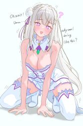  all_fours aware bare_shoulders blush body_control boots braid cleavage clothed confused dialogue dress emilia_(re:zero) english_text female_only femsub flower flower_in_hair hair_ornament hair_ribbon happy_trance kneeling open_mouth re:zero_starting_life_in_another_world ribbon simple_background skirt smile solo squatting sweat symbol text thigh_boots thighhighs thighs trembling very_long_hair warg_game white_background white_hair 