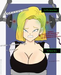  android_18 blonde_hair blue_eyes brain_drain breasts comic dialogue dragon_ball dragon_ball_z eye_roll hypnotic_accessory mind_break mind_hack netorare resisting restrained tech_control text thesalazar 