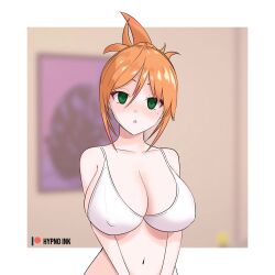  bangs blonde_hair blush border bra breasts complex_background empty_eyes erect_nipples expressionless female_only femsub green_eyes huge_breasts hypnoink looking_at_viewer mole navel open_mouth orange_hair pale_skin short_hair signature solo summer_mc tamako_(hypnoink) updo 