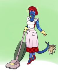 alien alien_girl apron blue_skin breasts cleaning domestication dress female_only femsub gloves glowing glowing_eyes happy_trance high_heels housewife kassidy_(medrifogmatio) large_breasts littleinksheep long_hair necklace original red_hair smile stepfordization tail vacuum_cleaner