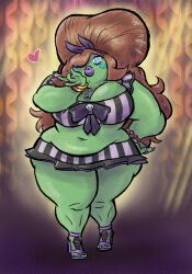 angela_morgan bbw black_hair blush breasts brown_hair chubby cleavage demon fat female_only femsub green_hair happy_trance large_breasts monster_girl mr-dna potion ssbbw swimsuit symbol_in_eyes text transformation underburbs weight_gain witch