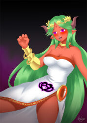 blush bracelet breasts cleavage corruption crotch_tattoo demon demon_girl elf_ears empty_eyes femsub glowing goddess gradient_background green_hair hadant heart_tattoo horns kid_icarus large_breasts long_hair nintendo open_mouth palutena red_skin signature simple_background tattoo