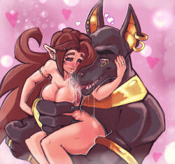 animal_ears anubis big_muscles bottomless breasts cleavage drool earrings elf elf_ears femdom furry heart heart_eyes jewelry large_breasts licking long_hair malesub nude original reliusmax ring size_difference symbol_in_eyes tattoo topless