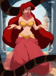  ai_art animated animated_gif ariel breasts disney femsub happy_trance harem_outfit kaa large_breasts maledom red_eyes red_hair saucysultan snake the_jungle_book the_little_mermaid 