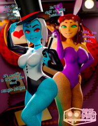  3d black_nail_polish blender blue_skin bunny_girl corruption crossed_eyes dc_comics femdom femsub fishnets green_eyes happy_trance leotard magic magic_wand magician mumbo_jumbo orange_skin raven red_eyes sparkle starfire supercasket teen_titans text top_hat white_hair 