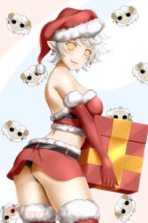 animal_ears ass belted_skirt box breasts christmas earrings female_only femsub fiona_thyme gloves hat icontrol_(manipper) jewelry kimmy77 large_breasts looking_at_viewer manip miniskirt open_mouth opera_gloves rwby santa_costume santa_hat sheep_girl short_hair skirt solo spiral_eyes symbol_in_eyes thighhighs white_hair
