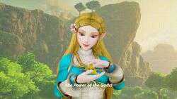  3d animated animated_gif blonde_hair breasts breath_of_the_wild clothed dazed earrings elf elf_ears female_only femdom femsub jewelry large_breasts leggings long_hair nintendo open_mouth princess princess_zelda smile text the_legend_of_zelda vynil 