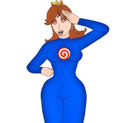 bodysuit breasts brown_hair crash_bandicoot_(series) crossover crown earrings female_only femsub hand_on_hip happy_trance large_hips n-tranced nintendo open_mouth princess princess_daisy saluting short_hair solo spiral spiral_eyes super_mario_bros. symbol symbol_in_eyes white_background zeeezx4 