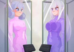  alternate_costume bodysuit breast_press disguised_hypnotist display emilia_(re:zero) empty_eyes femsub glass latex long_hair melia_antiqua nintendo re:zero_starting_life_in_another_world short_hair standing_at_attention tagme text white_hair xenoblade_chronicles 