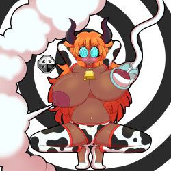  absurdres blush breasts cow_print cowbell dark_skin demon_girl expressionless female_only femsub gloves horns huge_breasts long_hair looking_at_viewer milking milking_machine navel_piercing necklace open_mouth opera_gloves orange_hair piercing solo spiral_background spiral_eyes spiralwash_eyes squatting symbol_in_eyes thighhighs topless underwear zombi62 