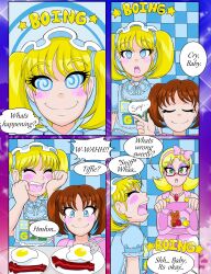  age_regression apron blonde_hair blue_eyes blush bonnet brown_hair comic dialogue diaper empty_eyes happy_trance kiddom kobi94 mother_and_daughter open_mouth original short_hair sisters smile spiral_eyes symbol_in_eyes tears text trigger turning_the_tables twintails 