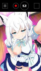 absurdres ahoge aura bakerdex blue_eyes blush breasts_outside femsub fox_ears fox_girl fox_tail fubuki_shirakami happy_trance hololive large_breasts looking_at_viewer maledom nipples possession selfie shirt_pull shorts skirt smile smirk tail white_hair