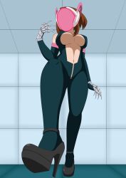  bare_shoulders bodysuit breasts brown_hair claws doggos_doujins exposed_chest faceless female_only femsub gloves high_heels large_breasts mask my_hero_academia navel ochaco_uraraka opera_gloves shoes short_hair solo stepped_on tagme tech_control weapon 