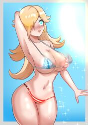  armpits arms_above_head arms_behind_back blonde_hair blue_background blue_eyes blush border collarbone drool earrings eyebrows_visible_through_hair eyeshadow female_only femsub flag_bikini hair_covering_one_eye hypnotic_clothing large_breasts long_hair makeup navel nintendo open_mouth panties posing princess_rosalina simple_background smeef solo super_mario_bros. super_mario_galaxy sweat symbol_in_eyes thigh_gap underboob wide_hips 