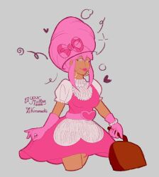  artist_request beehive_hair bow dark_skin dress earrings gloves gradient_background happy_trance heart housewife lipstick omori pink_hair skirt smile spiral_eyes spiralwash_eyes stepfordization sweetheart_(omori) tagme watermark 
